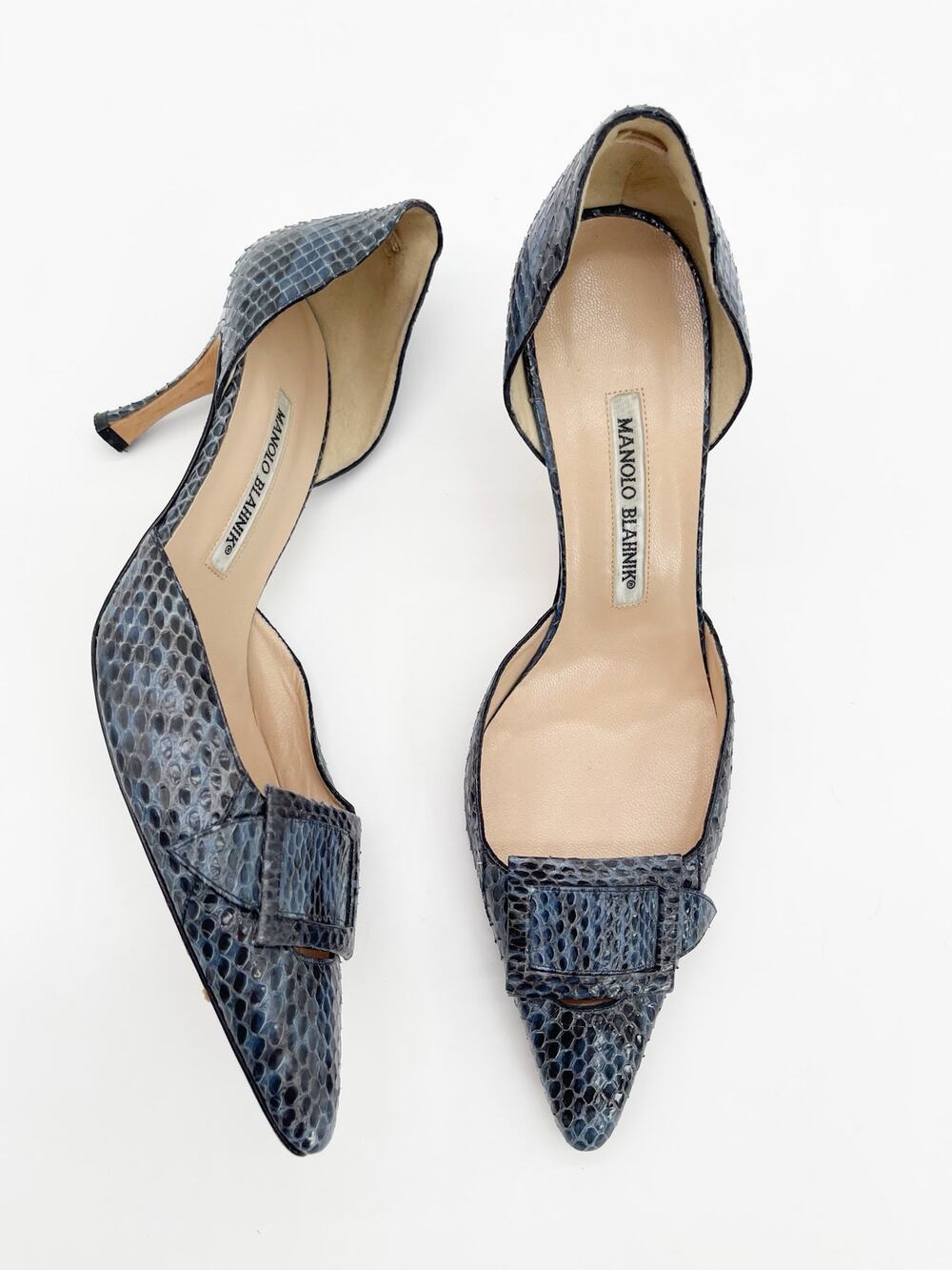 Manolo Blahnik Vintage Blue Python Snakeskin Buckle Pointed Toe Heels IT 39.5
